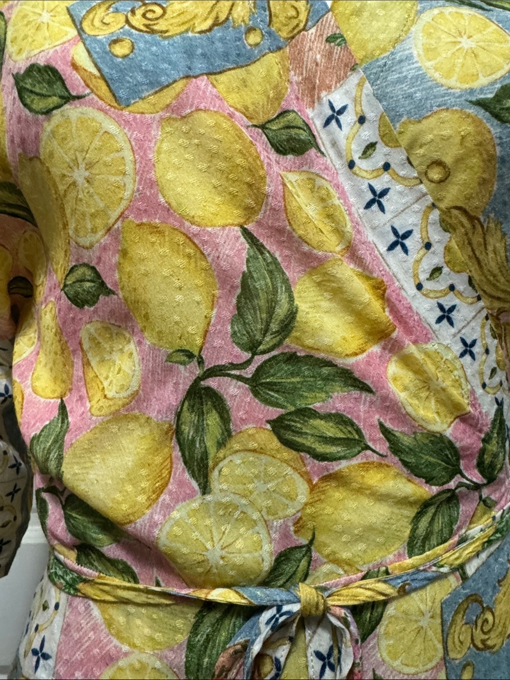 Aldo Martins Abstract Print Knit Tie Waist Midi Cardigan Dress Floral Lemons O/S - Picture 9 of 16